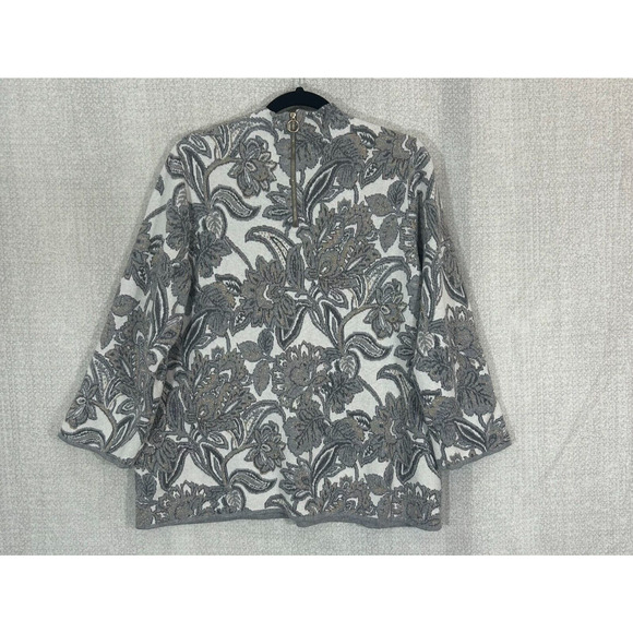 Chicos Sweater Womens XL 3 Gray Metallic Floral Back Zip Cashmere Blend Career - Picture 2 of 8
